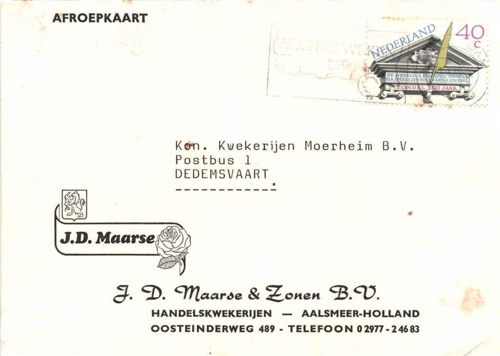 J.D. Maarse + Zonen BV, Aalsmeer - 10.1979 - afroepkaart, Ophalen of Verzenden, Briefkaart