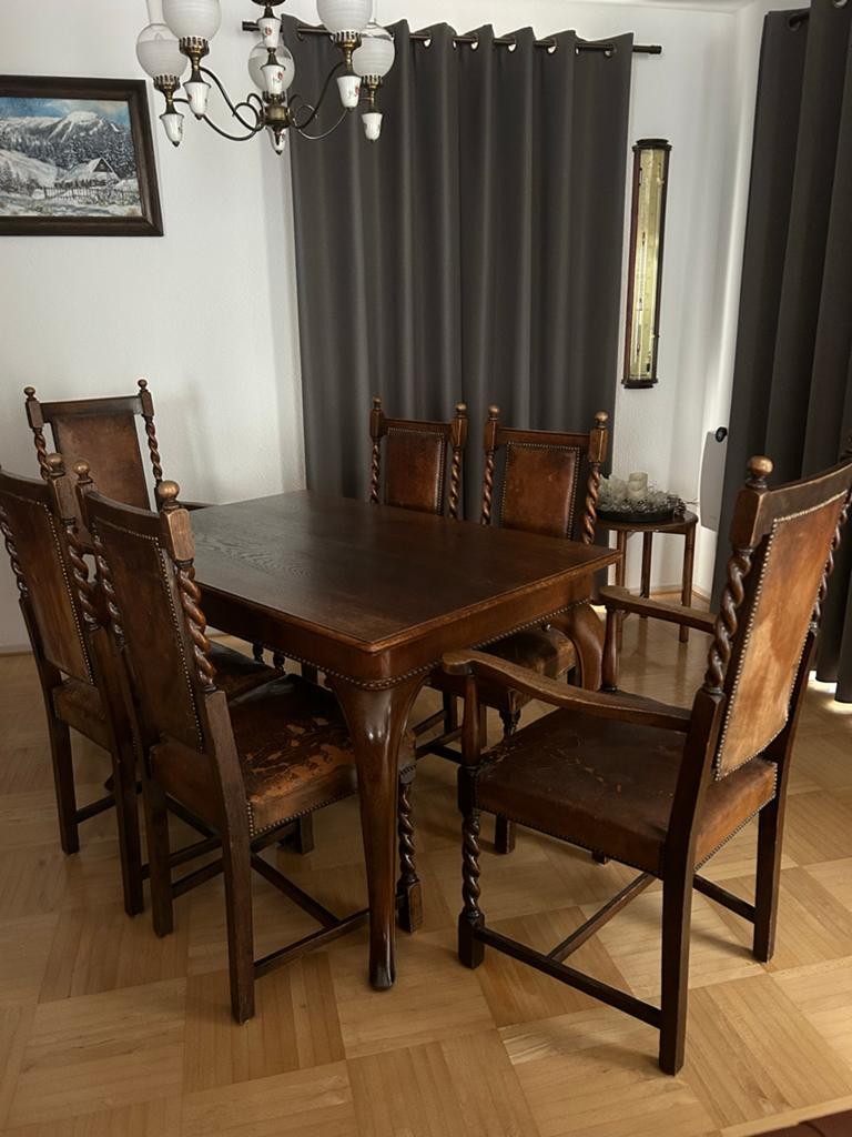 Antieke eettafel met 6 stoelen, leer en hout, Ophalen