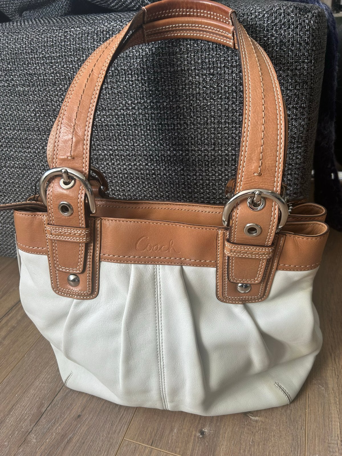 Coach Handtas Wit Leer met Bruine Details, Ophalen of Verzenden, Gebruikt, Wit, Handtas