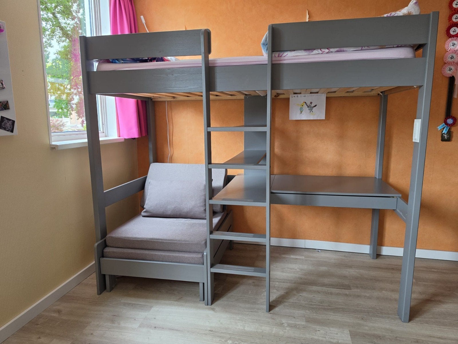 Hoogslaper met bureau en slaapbank - Grijs, Ophalen, Gebruikt, Eenpersoons, 160 tot 180 cm