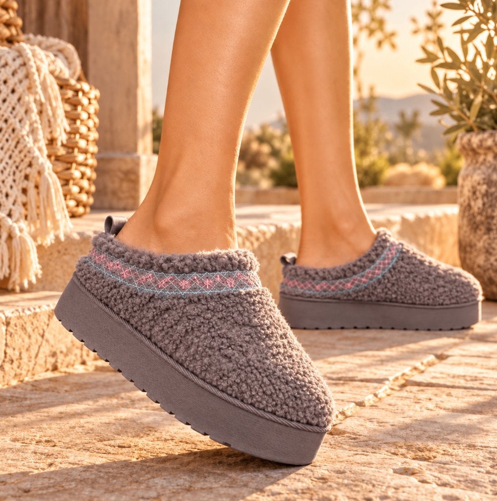 Warme Grijze Teddy Platform Sloffen / Instappers maat 36, Nieuw, Ophalen of Verzenden, Pantoffels of Sloffen, Grijs