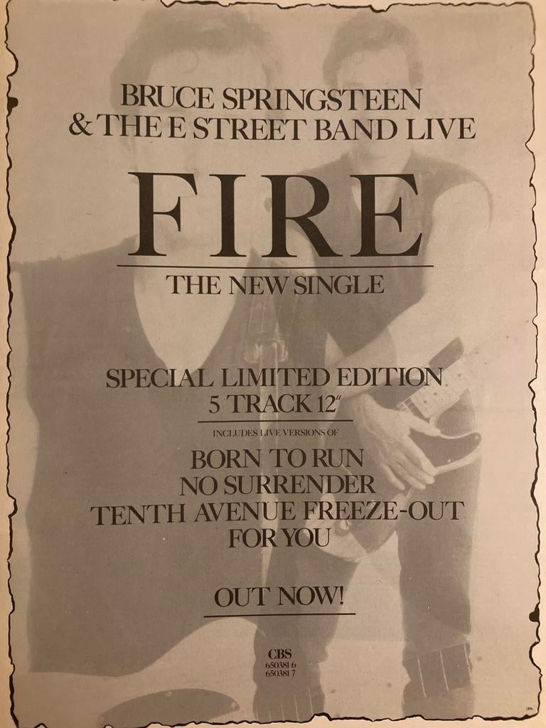 Paginagrote A3 advertentie BRUCE SPRINGSTEEN On Fire release, Verzamelen, Ophalen of Verzenden, A1 t/m A3