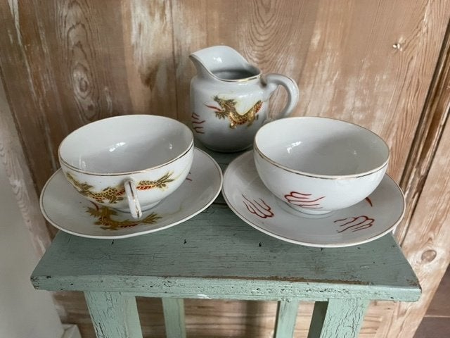 2 x japanse kop en schotels draak. Eierporselein. Litophane., Antiek en Kunst, Ophalen