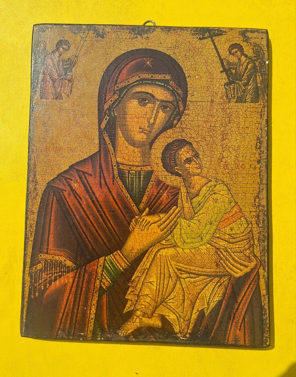 Antiek ( schilderij ) ikoon Religieus Paneeltje 19x25cm Hout, Ophalen of Verzenden