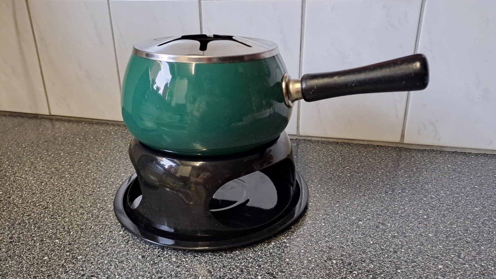 Vintage Fonduepan - Groen Emaille met Rechaud, Gebruikt, Overige typen, Onbekend, Ophalen of Verzenden