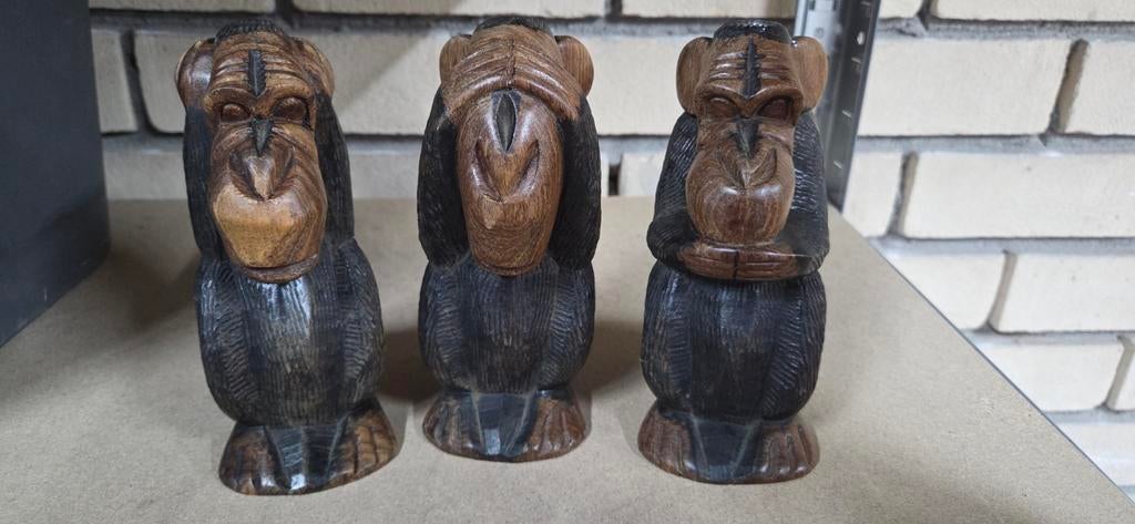 Houten aapjes: Horen, Zien, Zwijgen - 16 cm hoog, Antiek en Kunst, Ophalen of Verzenden