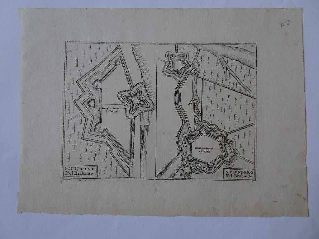 Gravures forten Philippine Steenbergen Brabant, ca 1680, Verzenden, Cartografie, Origineel, 1600 - 1699