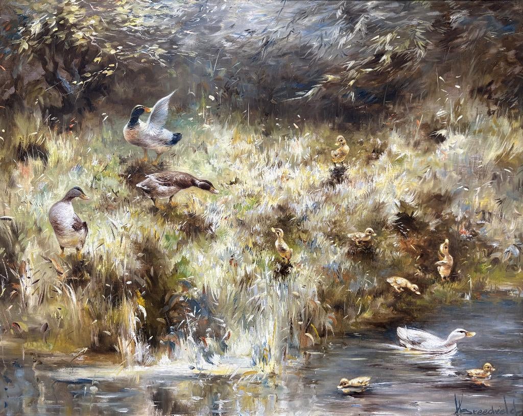 Hendrik Breedveld (1918-1999)-Eendenfamilie aan de waterkant, Antiek en Kunst, Kunst | Schilderijen | Klassiek, Ophalen of Verzenden