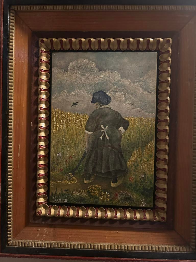 Oud schilderij: Vrouw op het veld, gesigneerd Moere, Ophalen