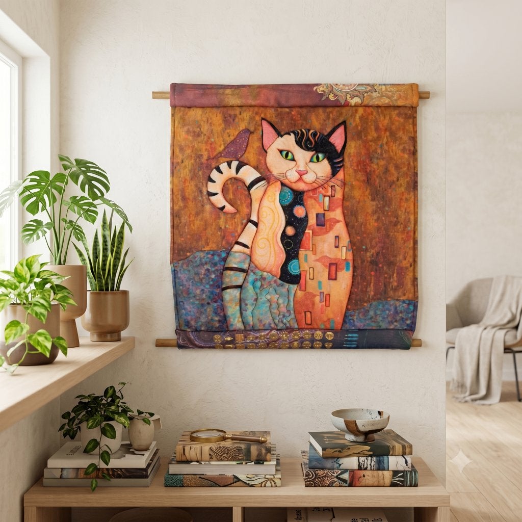 Duurzaam kat poes wandkleed recycled handgemaakt Klimt stijl, -, Handgemaakt, Meerkleurig, Nieuw