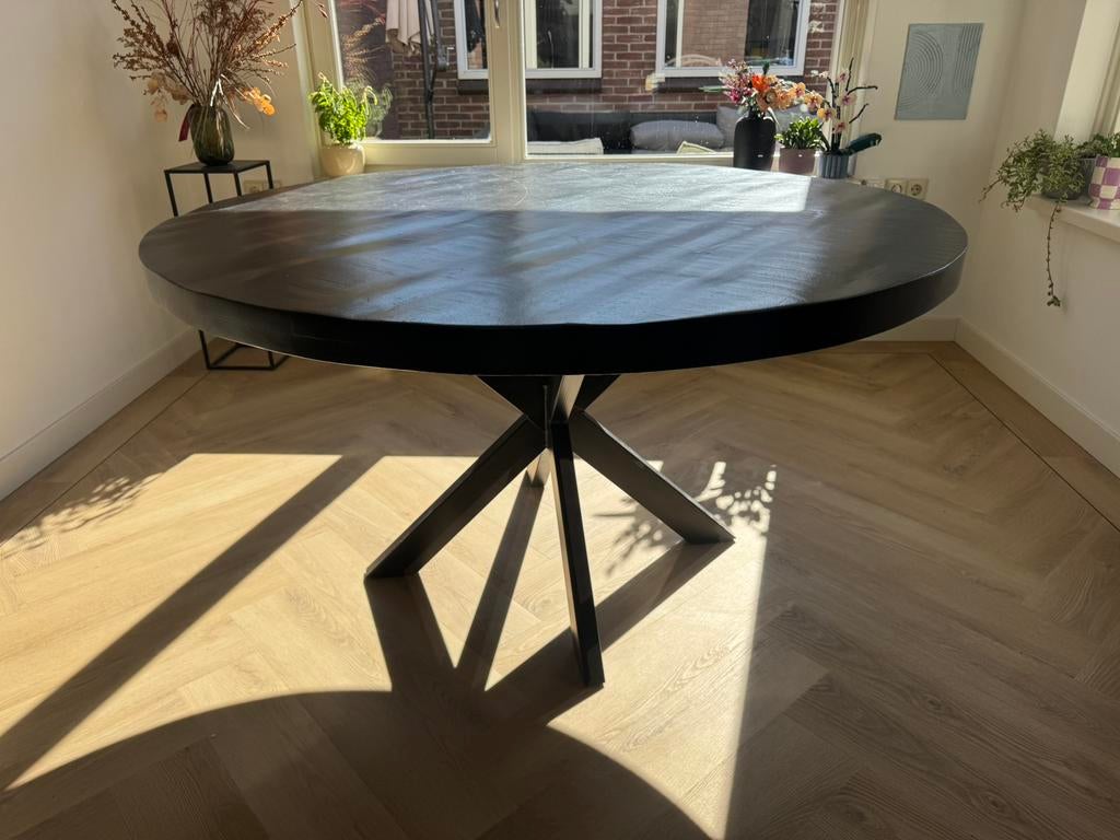 Eettafel 140cm - zwart mango hout & staal, Huis en Inrichting, Tafels | Eettafels, Gebruikt, Rond, Vijf personen of meer, Ophalen