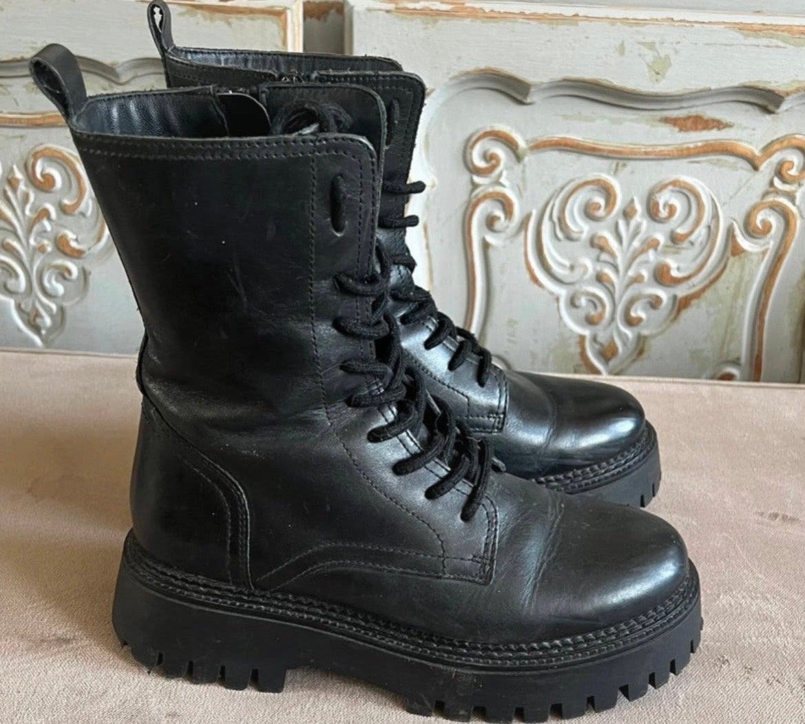 Zwarte leren veterlaarzen / boots maat 38 Harper, Ophalen of Verzenden, Zo goed als nieuw, Zwart, Lage of Enkellaarzen