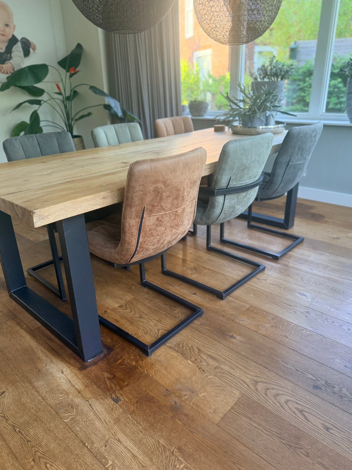 Set van 6 Moderne Eetkamerstoelen met Sledevoet (Stoere Mix), Ophalen, Zo goed als nieuw, Industrieel, eiken 240, massief eiken, complete eethoe