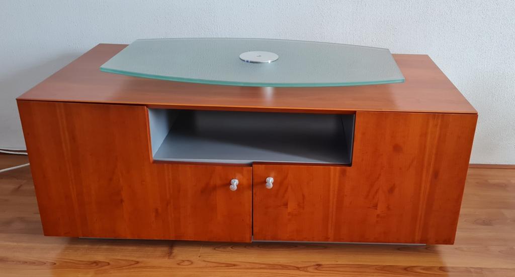 TV meubel kersen/grijs met glazen draaiplateau, Ophalen, Gebruikt, 100 tot 150 cm, Minder dan 100 cm