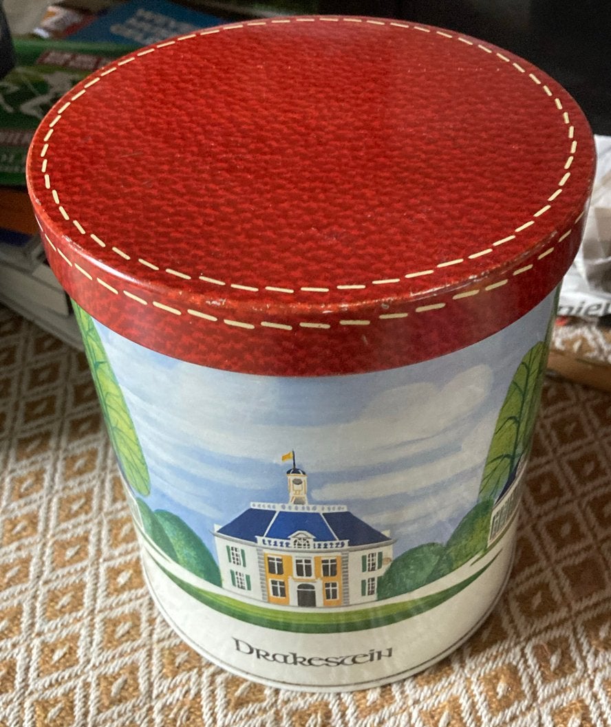 Vintage blikken trommel 'Drakestein' met rood deksel, Verzamelen, Ophalen of Verzenden