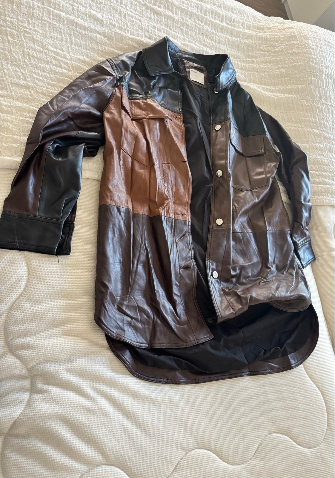 Bershka leren jas, bruin en zwart, maat L, Ophalen of Verzenden, Zo goed als nieuw, Maat 42/44 (L), Bruin