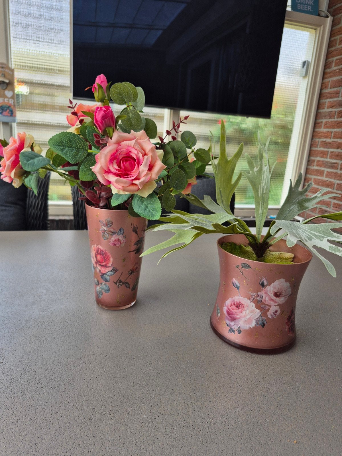 Decoupage vazen met rozenmotief, Huis en Inrichting, Woonaccessoires | Vazen, Ophalen of Verzenden, Overige kleuren