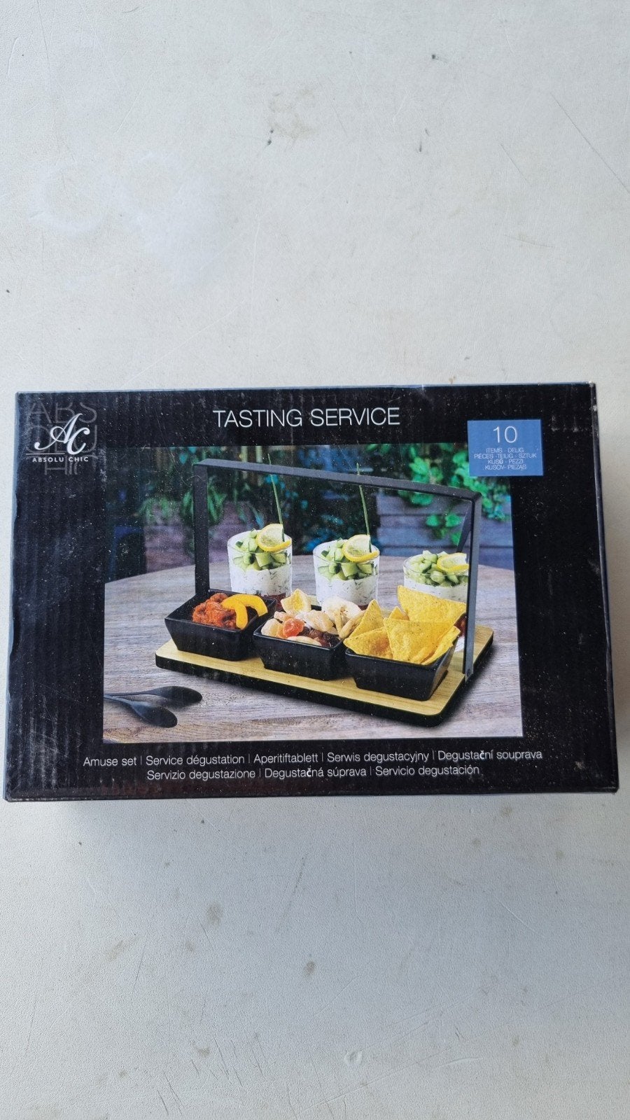 Absolu Chic Amuse Set  Proeverij Servies met Bamboe Dienblad, Overige merken, Nieuw, Ophalen of Verzenden, Schaal of Schalen