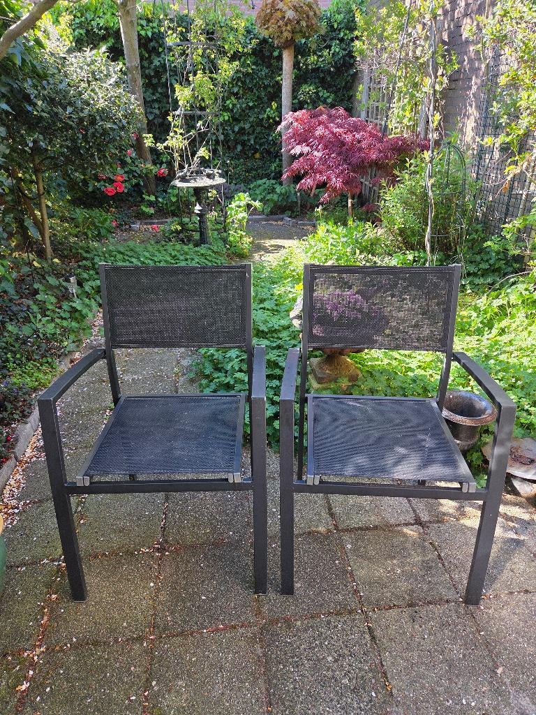 Set van twee aluminium tuinstoelen antraciet, Ophalen, Gebruikt, Metaal, Stapelbaar
