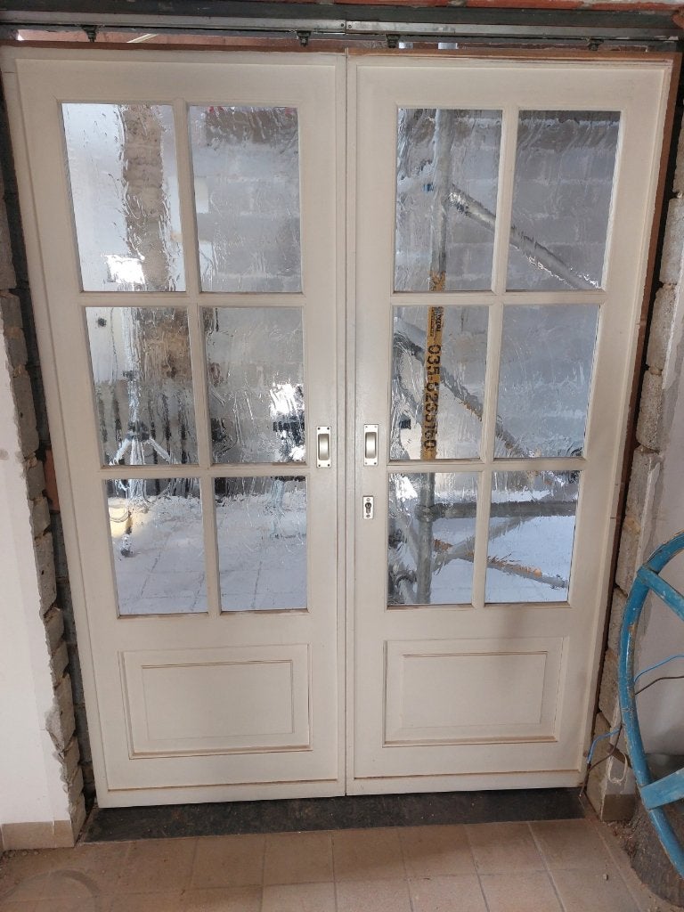 Massief houten dubbele schuifdeur met glas, Ophalen, Gebruikt, 120 cm of meer, Binnendeur