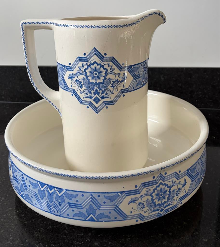 Antieke waskom en kan set - Blauw wit decor, Ophalen