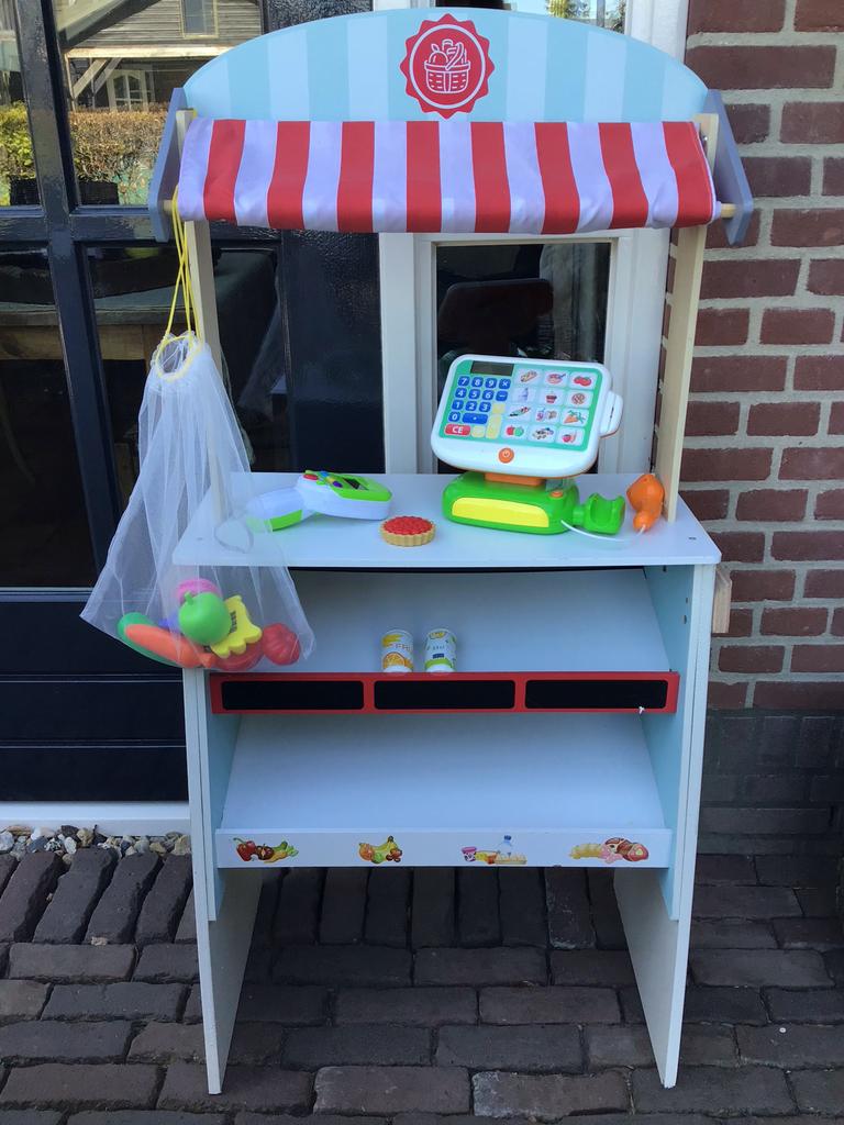 Houten Markt Kraampje met Kassa, Scanner en Speelfruit, Ophalen, Zo goed als nieuw, Jongen of Meisje