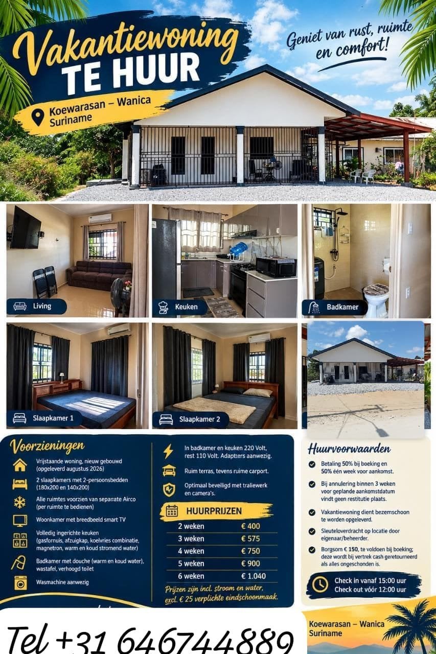Vakantiehuis in Suriname, beschikbaar vanaf half oktober., Vakantie, Dorp, 2 slaapkamers, Airconditioning, 4 personen