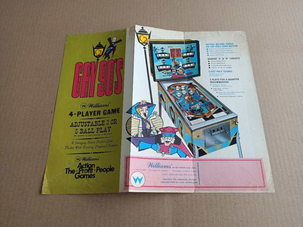 Flyer: Williams Gay 90's (1970) Flipperkast, Verzamelen, Verzenden, Gebruikt, Elektronisch, Flipperkast
