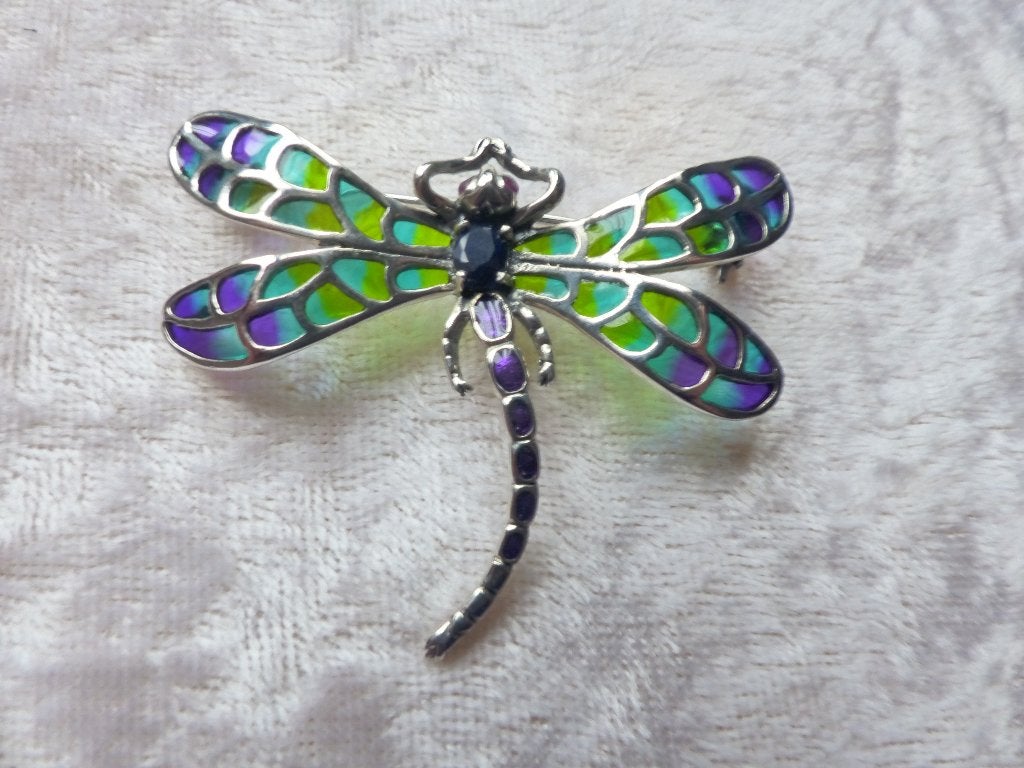 Mooie Zilveren Tiffany Hanger / Broche Libelle - Paars - G, Verzenden, Zilver, Hanger