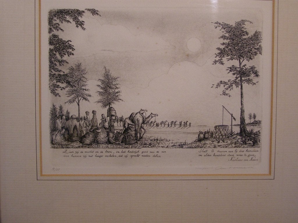 ets Francesco Antonietti Oase met kamelen en tekst ingelijst, Antiek en Kunst, Kunst | Etsen en Gravures, 2000 tot heden, Dagelijks leven