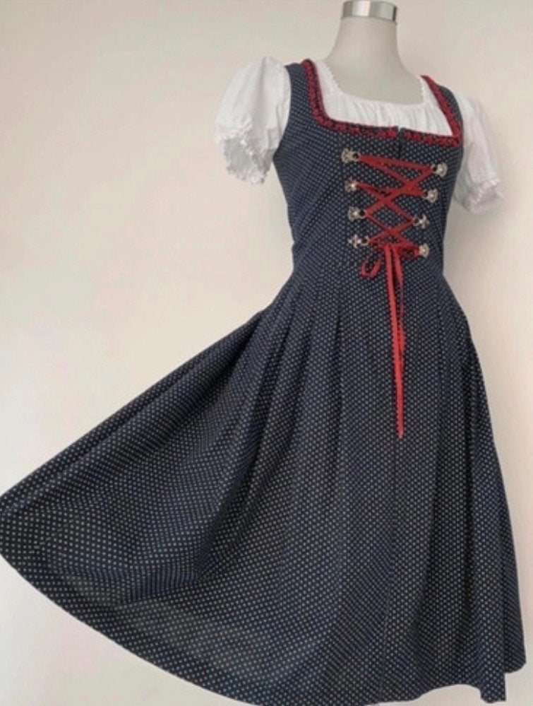 Dirndl met stippen en rood lint - Maat 34, Zwart, Ophalen of Verzenden, Knielengte, Maat 34 (XS) of kleiner