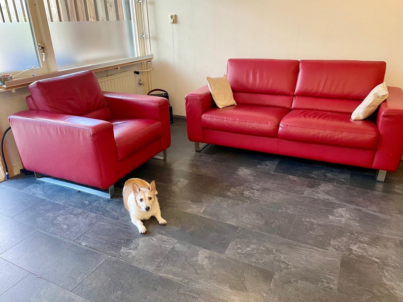 Rode leren bank en fauteuil, Huis en Inrichting, Banken | Bankstellen, Ophalen, Tweepersoons, Zo goed als nieuw, Rechte bank
