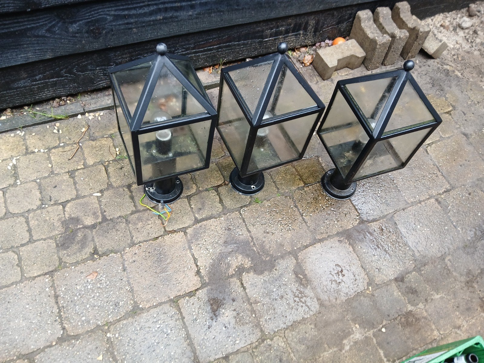 Set van 3 klassieke buitenlampen - Zwart metaal en glas, Gebruikt, Staal, Minder dan 50 watt, Overige typen