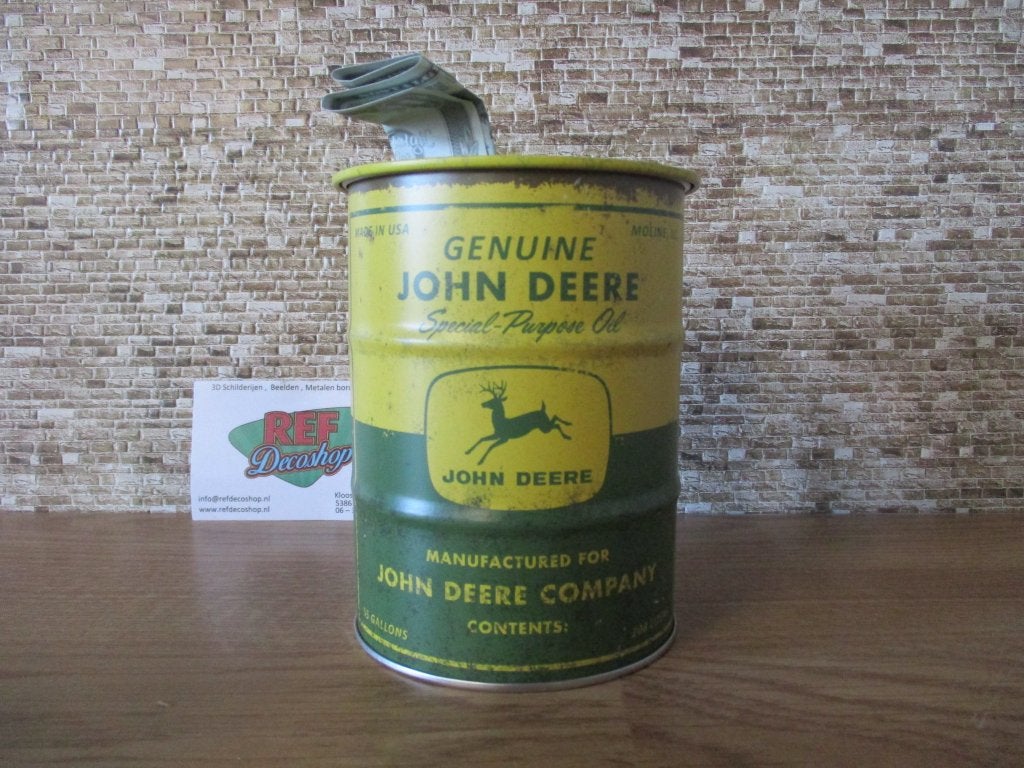 spaarpot vorm van olie drum, john deere, groen/geel, Ophalen of Verzenden, Nieuw, Metaal of Blik, Vervoermiddel