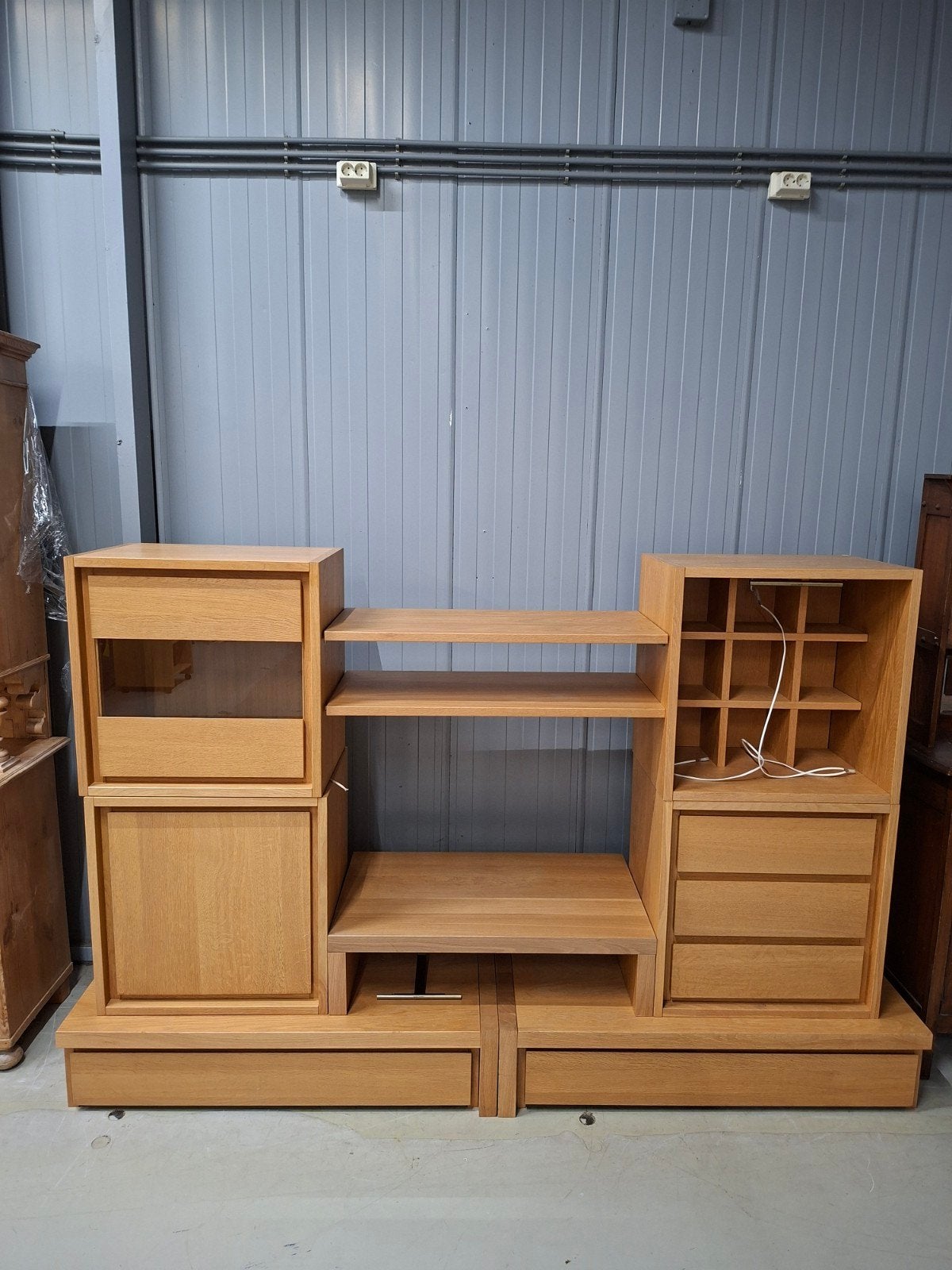 Modulaire Eikenhouten Kast met Laden en Planken, Glas, Gebruikt, Onbekend@voorbeeld.com, Modern, Functioneel