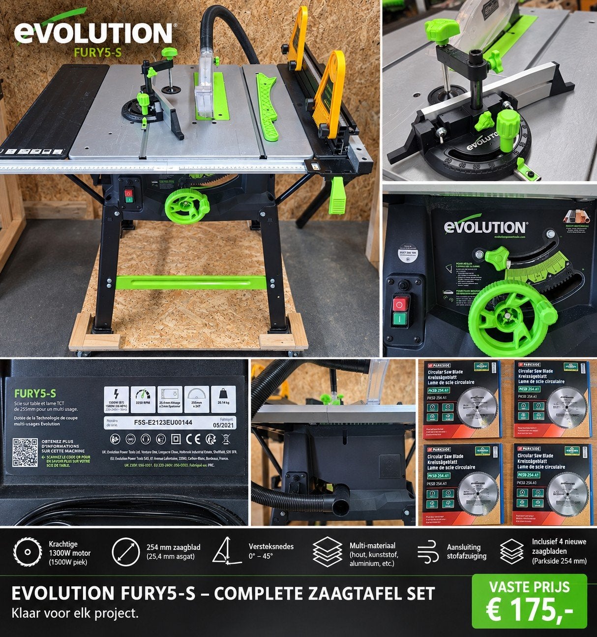 Evolution FURY5-S zaagtafel  + 4 nieuwe zaagbladen, Ophalen, 1200 watt of meer, Cirkelzaag, 70 mm of meer