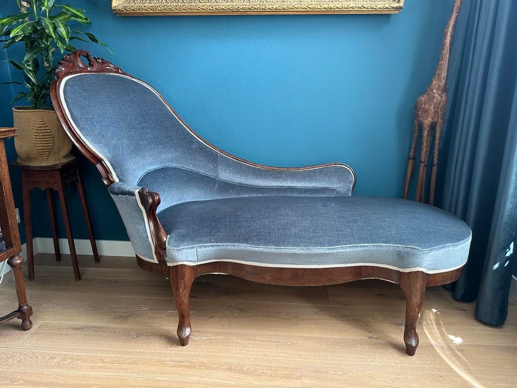 Klassieke chaise longue, loungebankje blauw, Ophalen, Gebruikt, Eenpersoons, 150 tot 200 cm