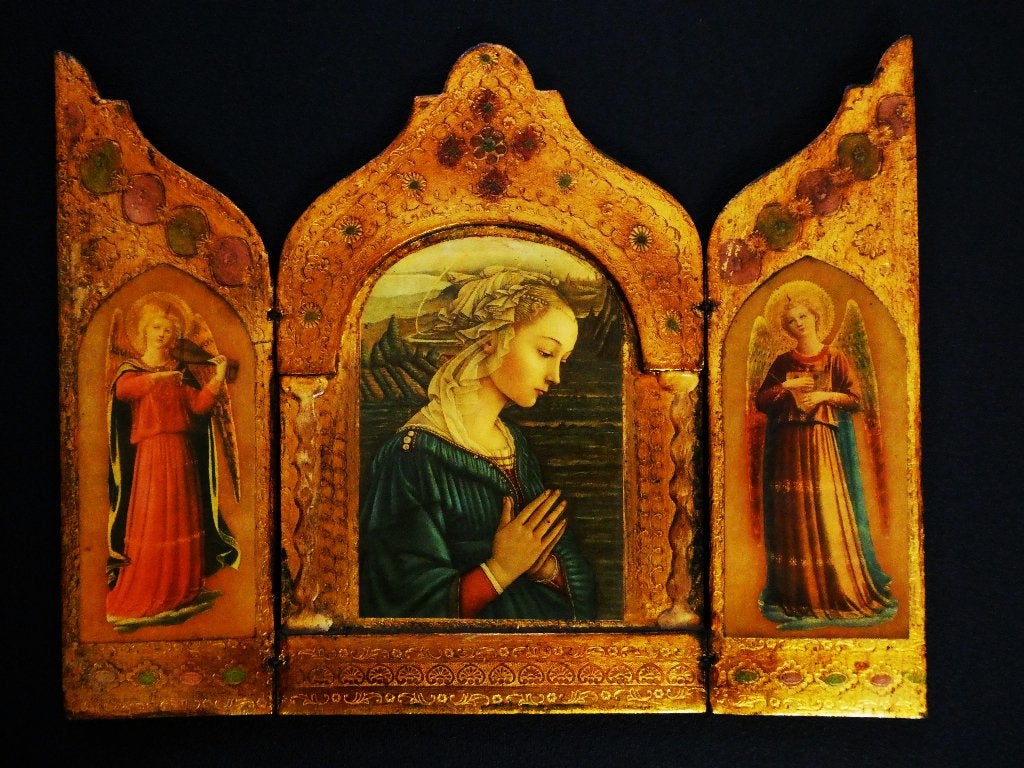 Drieluik Triptiek icoon naar Filippo Lippi Maria 2 engelen, Antiek en Kunst, Ophalen of Verzenden