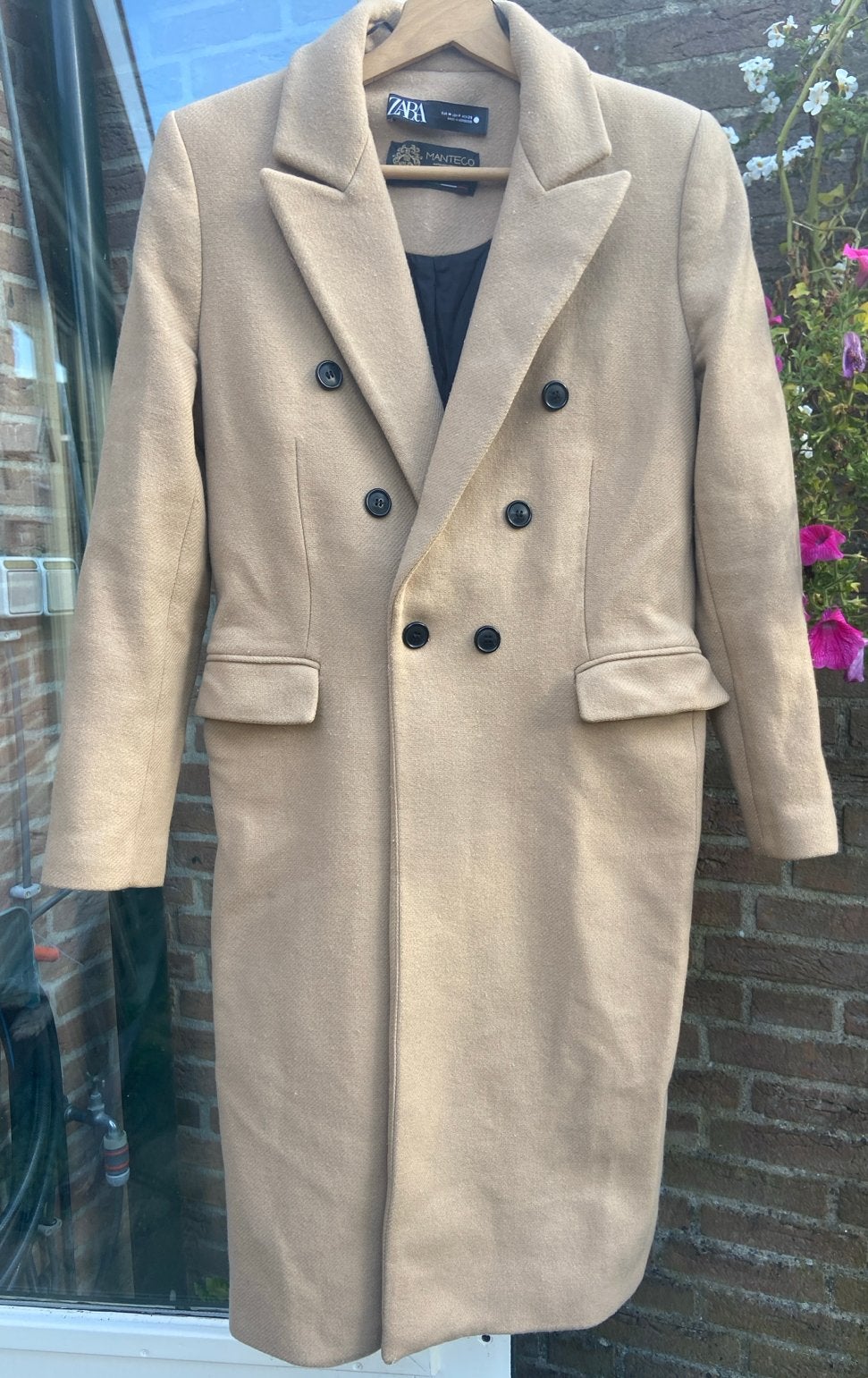 Zara Manteco wollen lange jas - Beige - Maat M, Ophalen of Verzenden, Zo goed als nieuw, Maat 38/40 (M), Beige