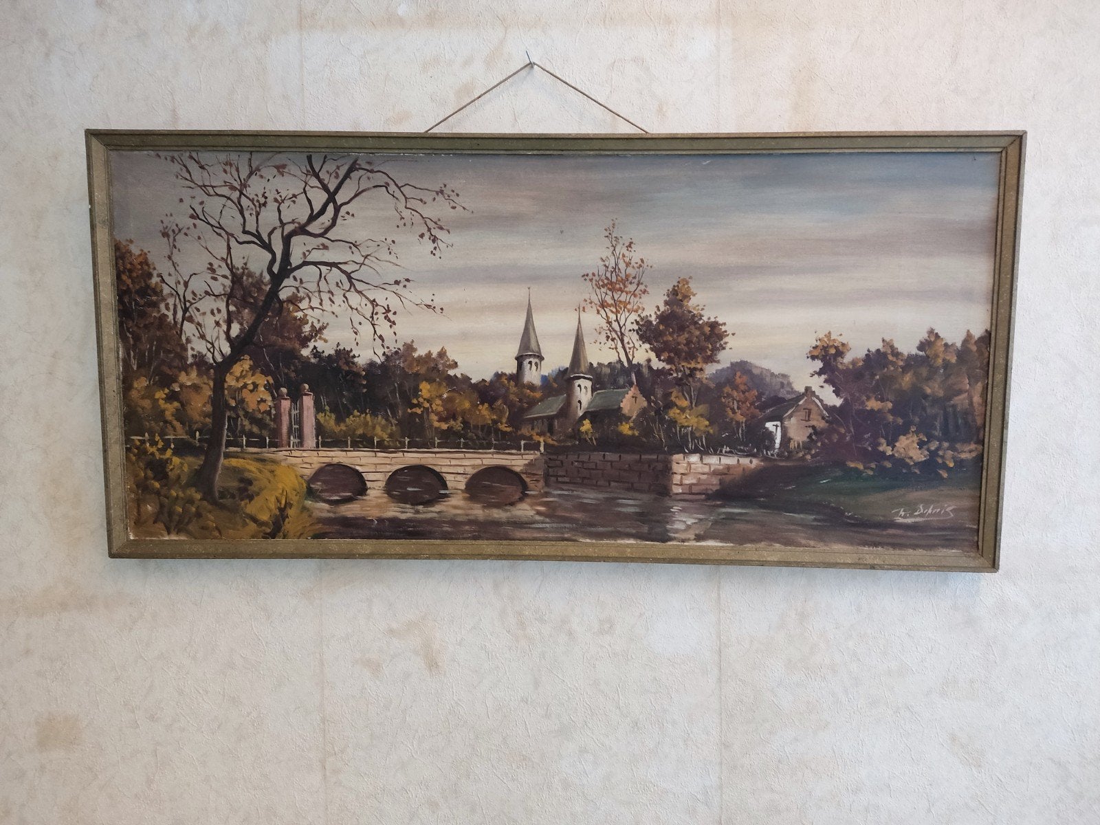 Schilderij Landschap met Brug en Kerk, Ophalen of Verzenden