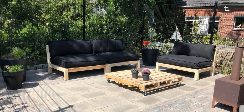 Zelfgemaakte palletbank met kussens, nog in goede staat, Ophalen, Gebruikt, Hout