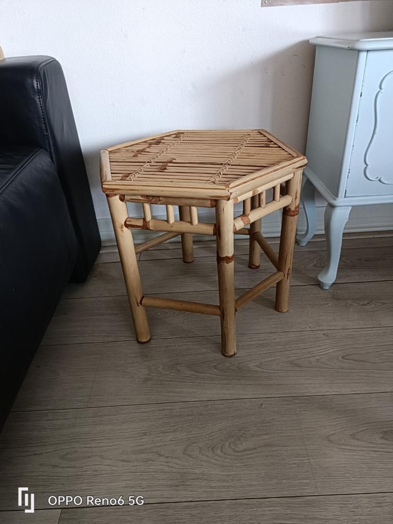 Vintage Bamboe Bijzettafel - Zeshoekig Design, Minder dan 45 cm, Minder dan 55 cm, Gebruikt, Vintage, Bohemien