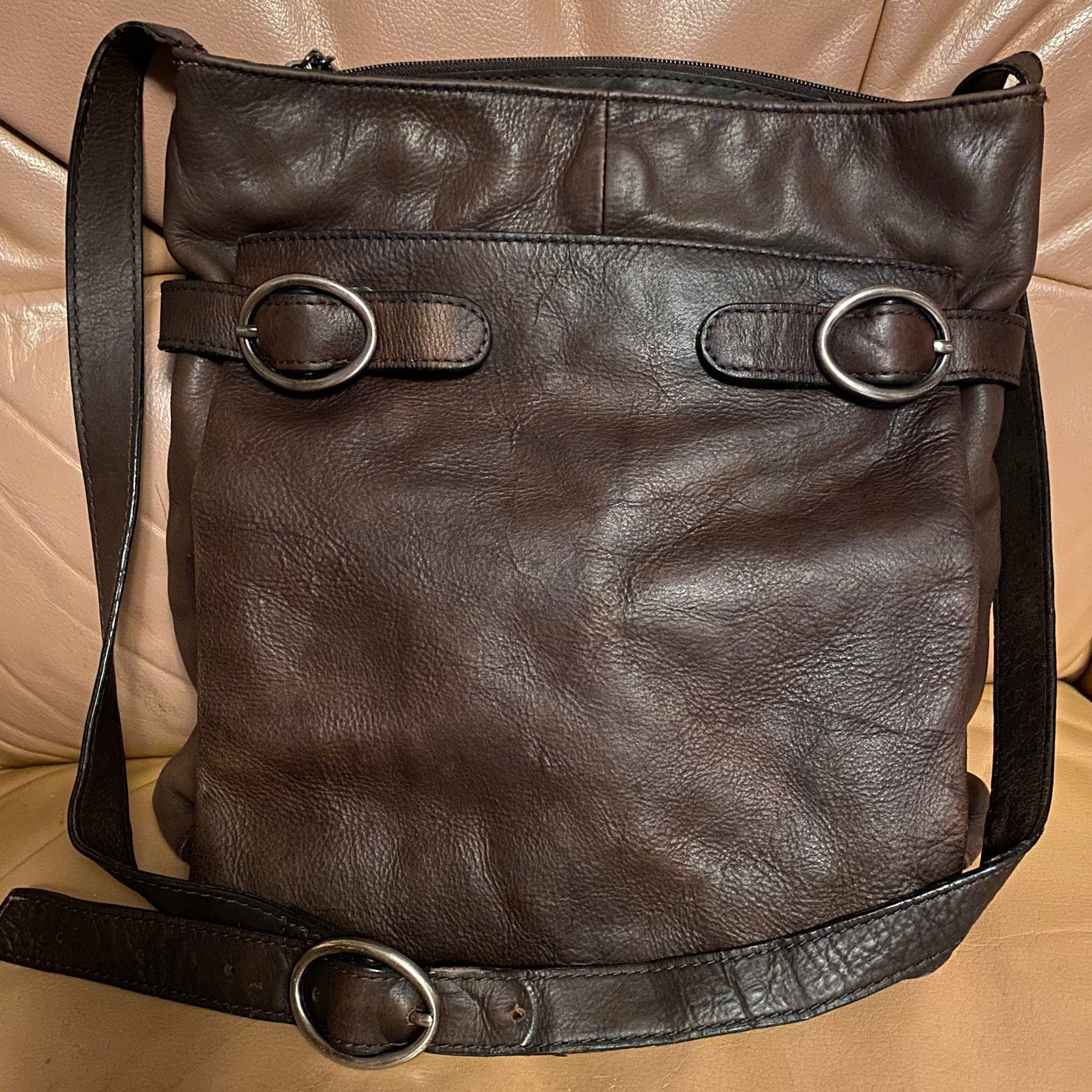 H.J. DE ROOY SCHOUDER-/CROSSBODY TAS LEDER., Overige merken, Gebruikt, Bruin, Ophalen of Verzenden