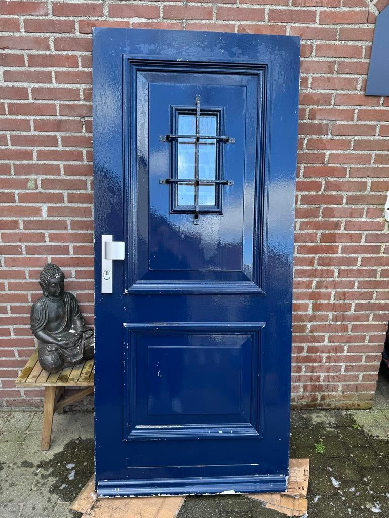Skantreae massieve hardhouten blauwe buitendeur met glas, Ophalen, Gebruikt, 80 tot 100 cm, Buitendeur