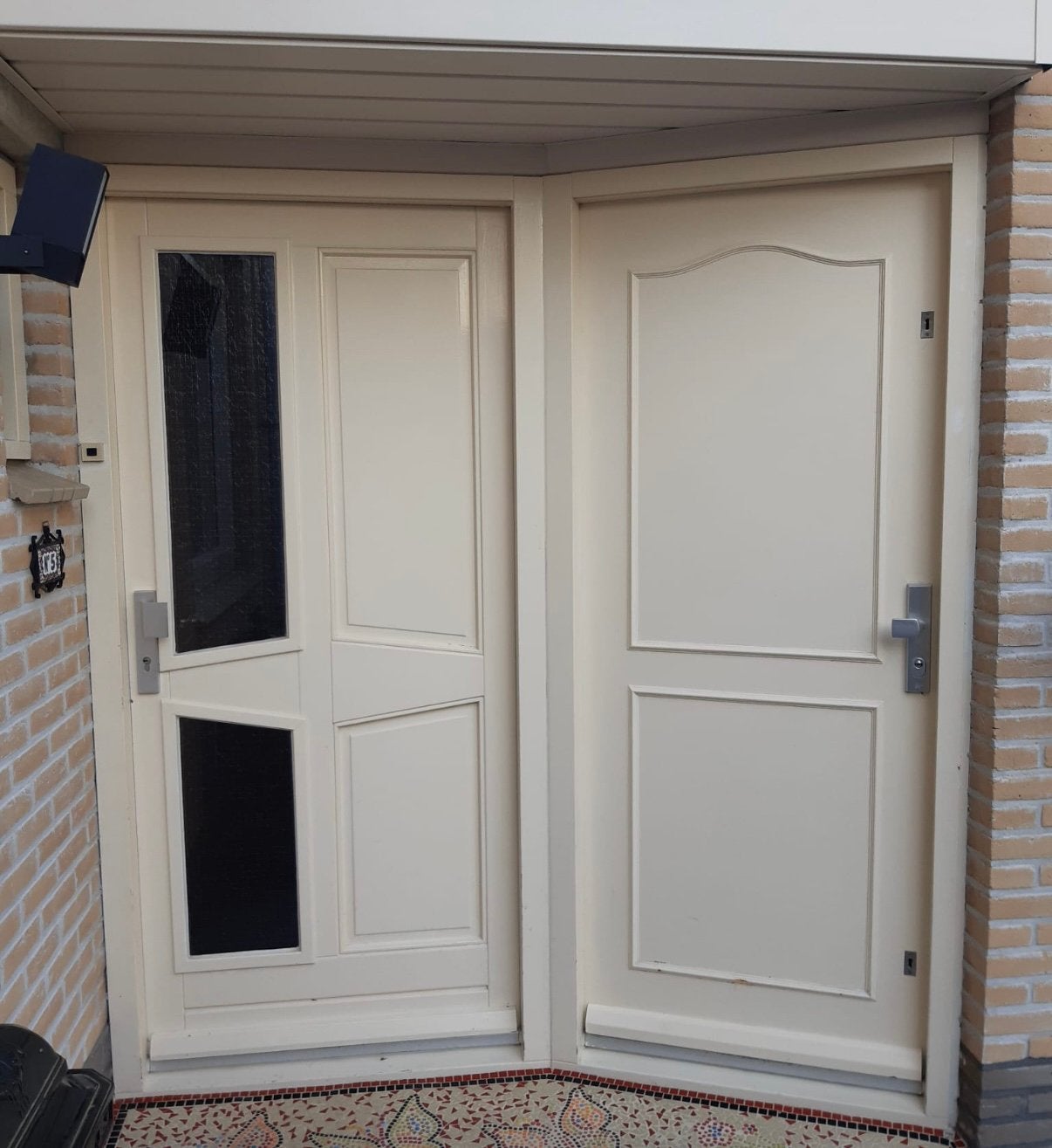 Crèmekleurige dubbele buitendeur met glas, Ophalen, Gebruikt, 120 cm of meer, Buitendeur
