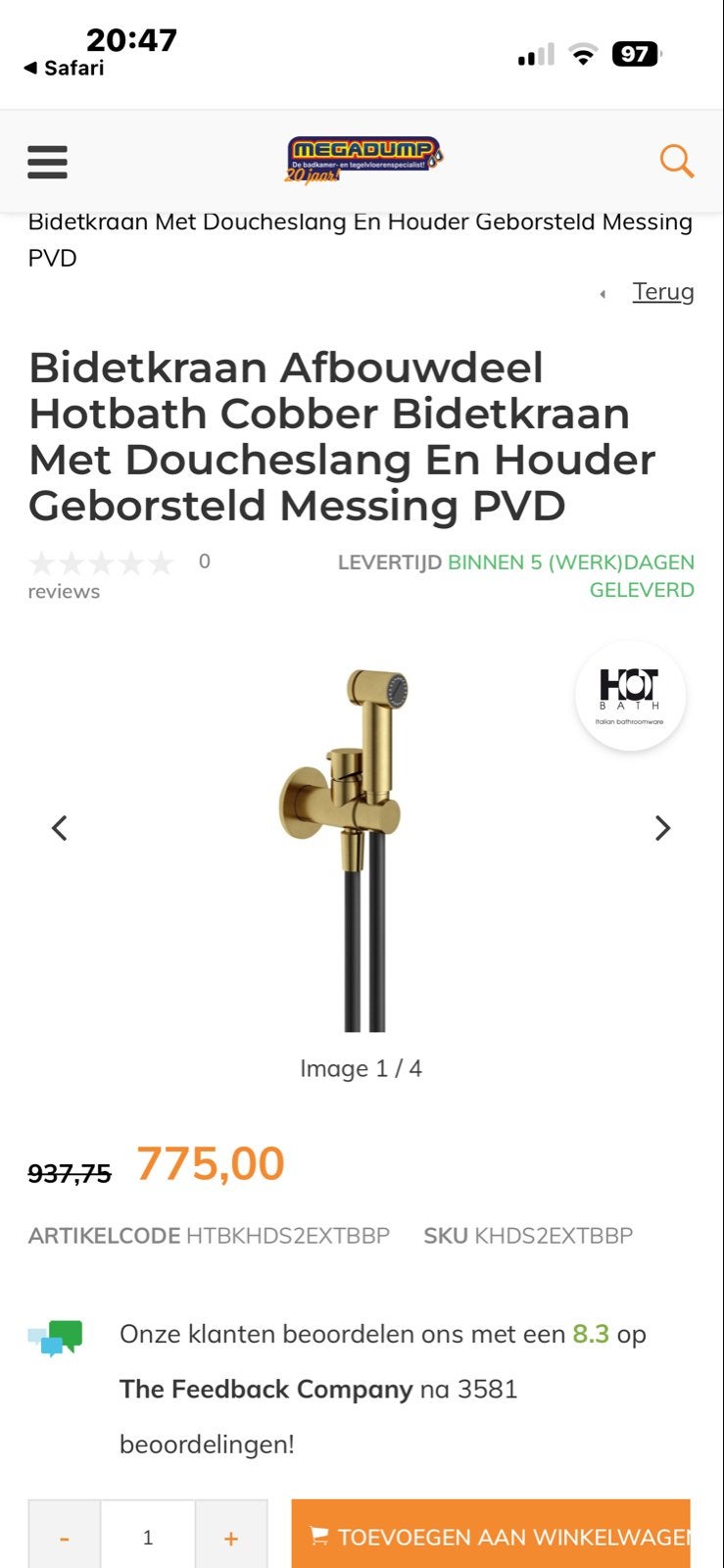 Bidetkraan Afbouwdeel Hotbath Cobber Geborsteld Messing PVD, Ophalen of Verzenden, Nieuw, Koper, Kraan