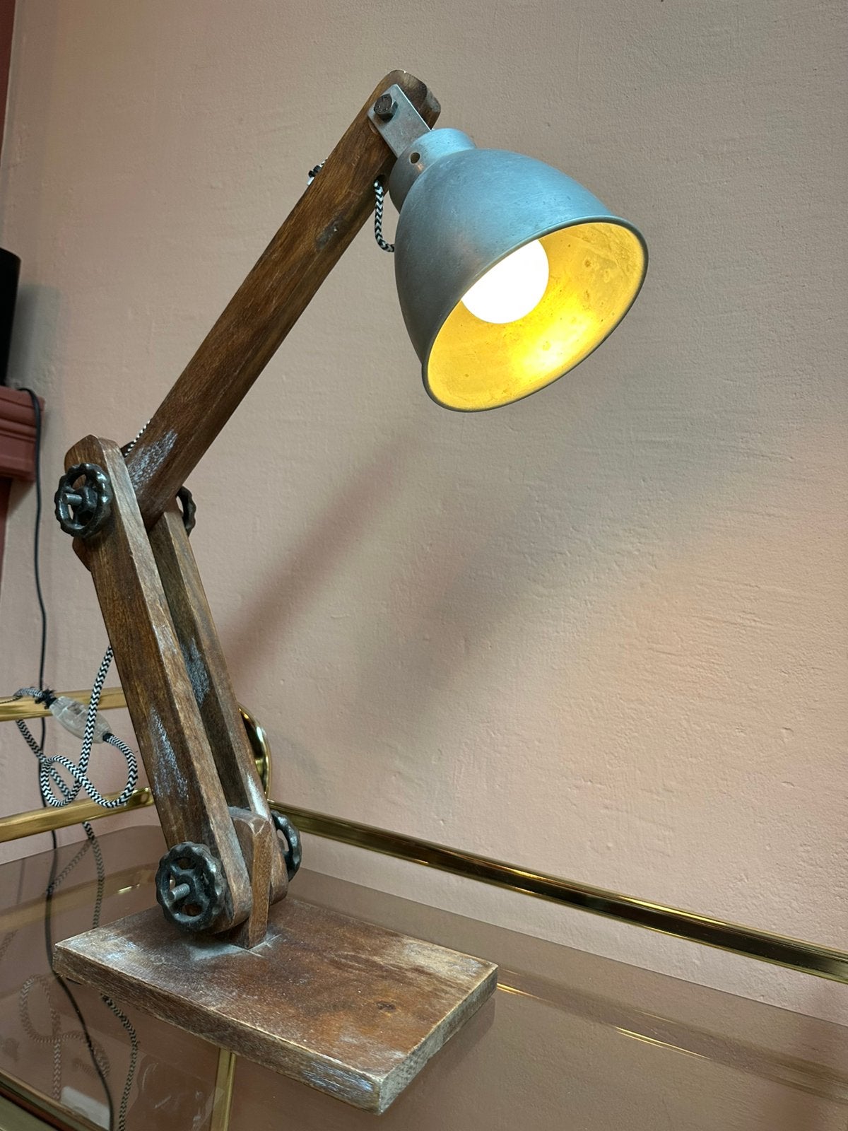 Industriele houten lamp | Verstelbaar, Ophalen, Zo goed als nieuw, E27 (groot)