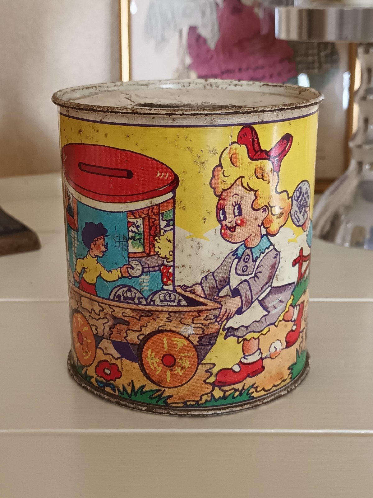 Vintage blikken spaarpot met kindermotieven, Ophalen of Verzenden