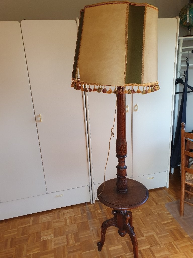 Vintage vloerlamp met tafeltje - hout gesculpteerd, Gebruikt, Overige fittingen, 150 tot 200 cm, Hout
