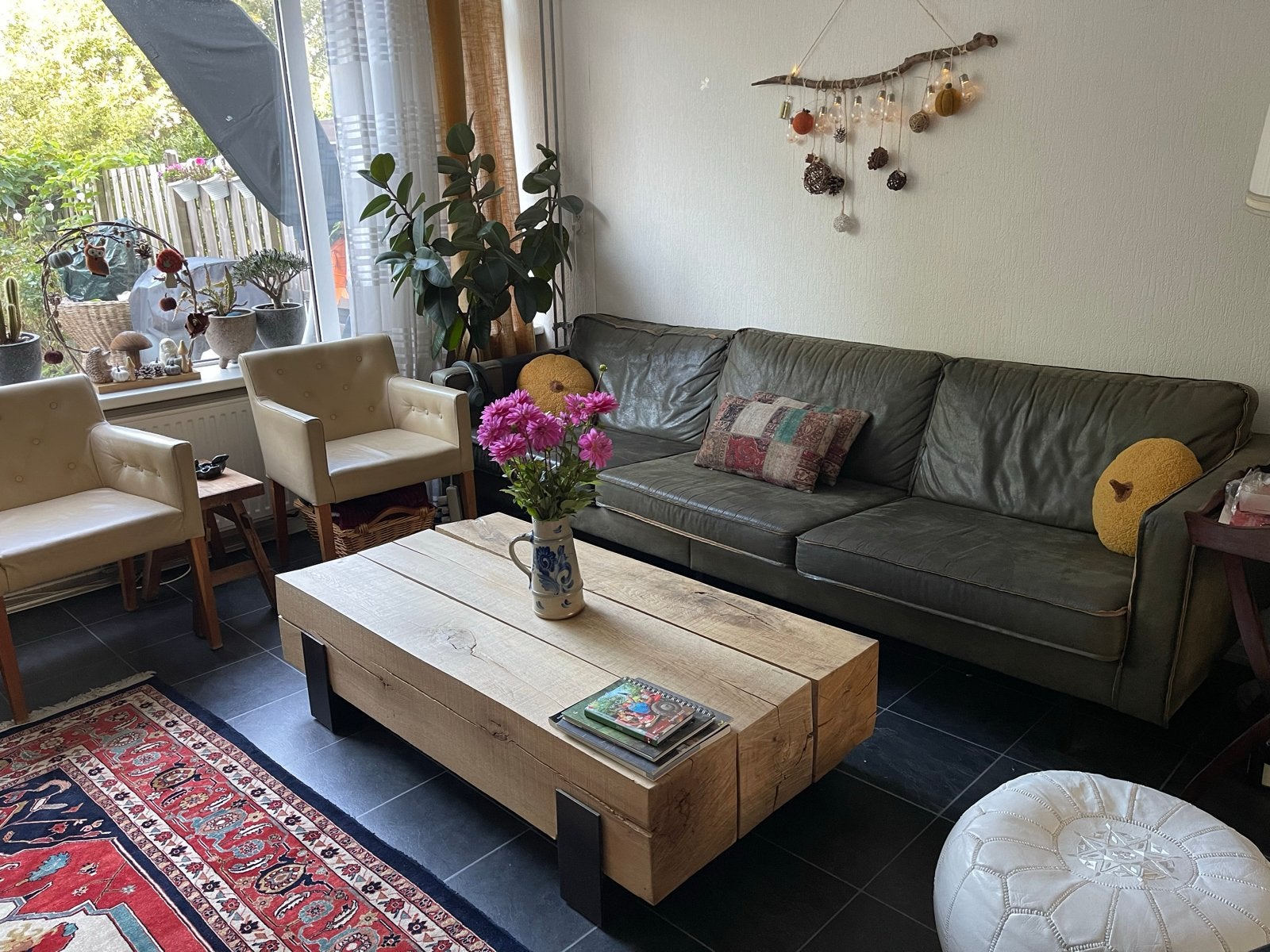 Leren 3/4-zitsbank (280cm) met 2 losse leren fauteuils, 250 tot 300 cm, Leer, Ophalen of Verzenden, Zo goed als nieuw